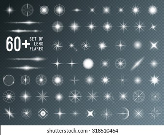 Large set of realistic lens flares star on transparent background