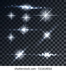Large set of realistic lens flares star lights and glow white elements on transparent background. Vector transparent sunlight special lens flare light effect. Lens Flare Set. Shining Collection. 