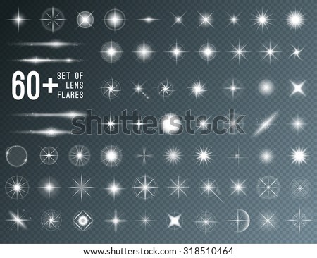 Large set of realistic lens flares star on transparent background