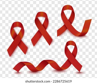 Un gran conjunto de cintas rojas realistas destacadas en un contexto transparente, un símbolo del Día Mundial del SIDA, 1 de diciembre. Símbolo del Día Mundial del Cáncer, 4 de febrero. Plantilla de diseño.