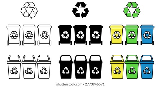 A large set of recycling icons, including trash bins, garbage containers, and waste separation arrows. Various waste sorting design options are available. Environmental protection concept.