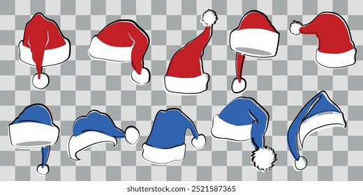 Grande conjunto de sombreros de Santa Claus rojos y azules aislados sobre un fondo transparente. colección de Vector de gorras de Papá Noel, sombrero de vacaciones para ilustración de Navidades