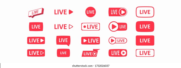 Large set of red buttons for streaming, live broadcast, blog, stream. Modern technologies for the design of video content, news feeds. Flat icons. Vector illustration  - Shutterstock ID 1732026037