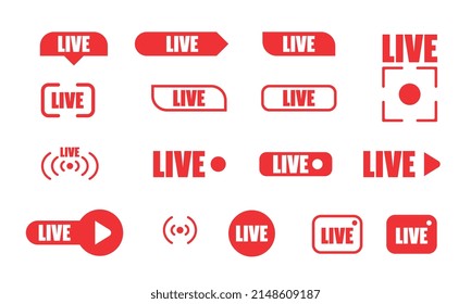 Large set of red buttons for streaming, live broadcast, blog, stream. Modern technologies for the design of video content, news feeds. Flat icons. Vector illustration