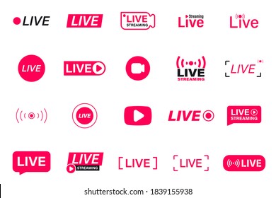 Large set of Red live streaming icons. Live stream, broadcast. Lives video streaming. Social media live badge. Online webinar, Broadcasting. Template for tv, shows, movies and live performances