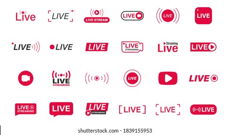 Large set of Red live streaming icons. Live stream, broadcast. Lives video streaming. Social media live badge. Online webinar, Broadcasting. Template for tv, shows, movies and live performances