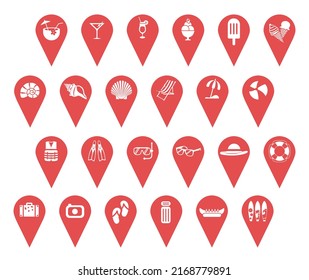 Large set of red map pin icons. Modern map markers with image summer signs. Pointers for a summer bar, beach, party, souvenir shop. Vector icon isolated on transparent background