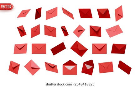 Large set of red postal paper letters realistic design isolated on white background. vector illustration