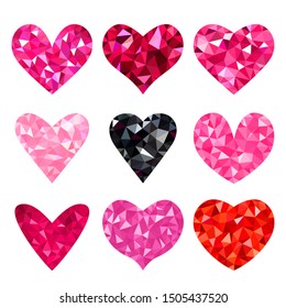 A large set of red raspberry and black hearts in a polygonal triangulation style. Modern icon of hearts with brilliance glitter on a white background. flat vector illustration isolated
