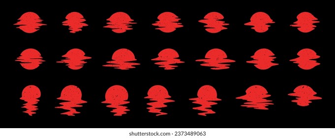 Large set with red sun on black background. Reflection of the sun in the water or wave. Glitch. Sunset and dawn.  