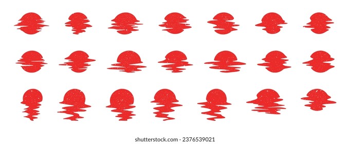 Large set with red sun on white background. Reflection of the sun in the water or wave. Glitch. Sunset and dawn.  