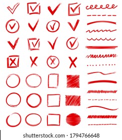 Large set of red vector doodles or scribbles with ticks, crosses, boxes, circles, check marks, lines and squiggles on white
