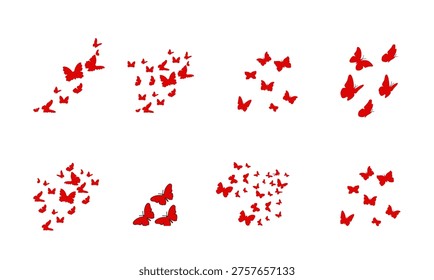 Large Set of Red vector silhouettes of swarming butterflies and flying insects, isolated on white background, Red butterfly shapes collection for commercial design, professional silhouette icons.