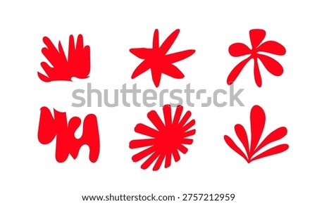 Large Set of Red vector silhouettes of abstract floral and starburst shapes, isolated on white background, Vibrant red decorative shapes collection for commercial design, professional silhouette icons.
