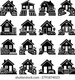 Large set of residential icons displaying house exterior architecture with varied garden designs flowers plants and greenery.