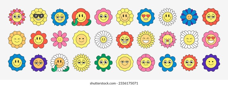 Large set of retro cartoon flowers. Smiling, angry, crying face. Collection of different cartoon flowers in a hippie style. Vector illustration isolated on a white background