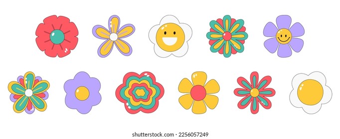 Large set of retro flowers 60s-70s. Smiling face. Collection of different flowers in a hippie style. Vector illustration isolated on a white background