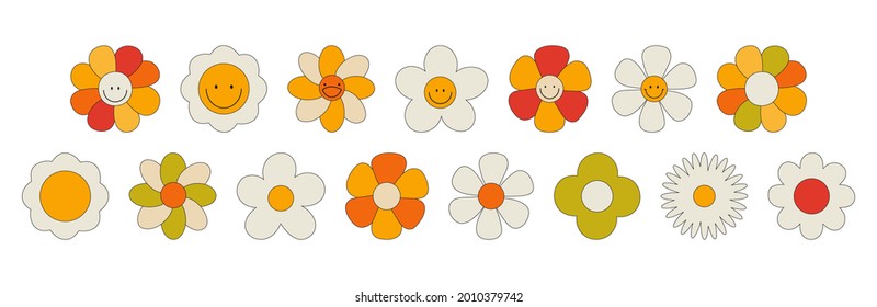 Large set of retro flowers. Smiling face. Collection of different flowers in a hippie style. Vector illustration isolated on a white background