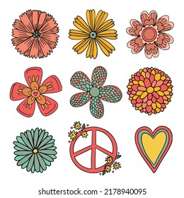 Large set of retro flowers. Smiling face. Collection of different flowers in a hippie style. Vector illustration isolated on a white background