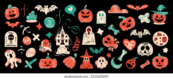  large set of retro Halloween illustrations with classic characters pumpkins ghosts monsters skulls elixirs