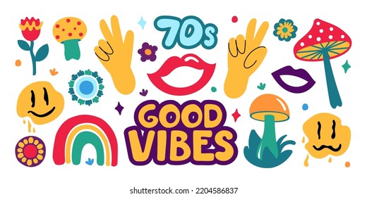 A large set in the retro style of the 70s. Good vibes multicolored inscription. Vector