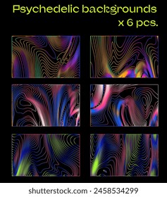 Large set of retrofuturistic holographic backgrounds with psychedelic neon wavy op-art style pattern.