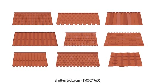 Large Set of Roofs for the design of summer cottages. Brown tile roof isolated on white background. Cartoon style. Vector illustration.