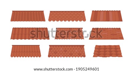 Large Set of Roofs for the design of summer cottages. Brown tile roof isolated on white background. Cartoon style. Vector illustration. 商業照片 © 