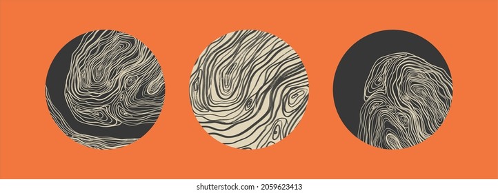 Large set of round abstract black backgrounds or patterns. Hand-drawn doodle shapes, curved lines. Modern trendy vector illustration. Posters, social media icon templates.
