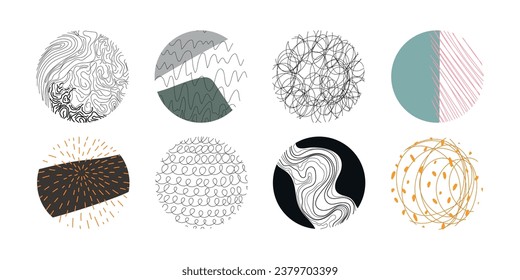 A large set of round abstract black backgrounds or patterns. Drawn doodle shapes. Spots, drops, curves, lines. Modern modern fashion vector illustration.