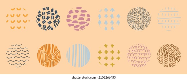 Large set of round abstract colorful patterns. Drawn forms of doodles. Spots, drops, curves, lines. Posters, backgrounds, social media icon templates, wrapping paper