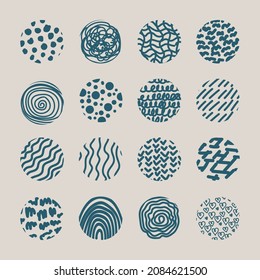 Large set of round abstract emerald backgrounds or patterns. Hand-drawn doodles. Spots, blobs, hearts, curves, lines. Modern Modern Fancy Vector Illustrations. Posters, social media badge templates.