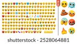 Large set of round yellow smile faces in realistic 3d cartoon style, featuring various facial expressions isolated on white background. Big collection of funny balls emotions. Vector illustration