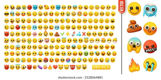 Large set of round yellow smile faces in realistic 3d cartoon style, featuring various facial expressions isolated on white background. Big collection of funny balls emotions. Vector illustration