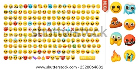 Large set of round yellow smile faces in realistic 3d cartoon style, featuring various facial expressions isolated on white background. Big collection of funny balls emotions. Vector illustration