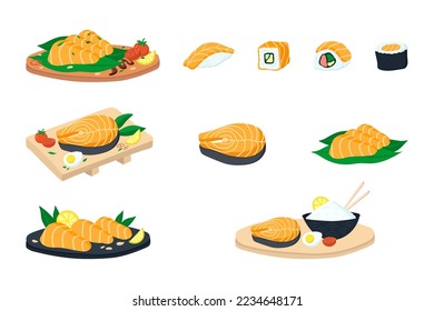 Large set with salmon and sushi. vector illustration