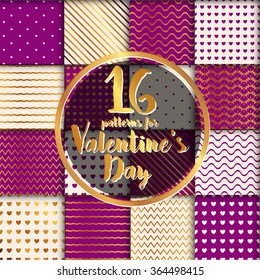 A large set of samples of geometric patterns for wrapping paper for Valentine's day. The combination of the golden violet and white in Elements of decor lines, hearts, zigzags, waves.