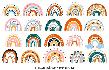 A large set of Scandinavian rainbows with ornaments. Colorful modern set with abstract rainbow icons. Hand-drawn children's boho decorations. For design, posters. Flat style. Vector. Isolated objects.