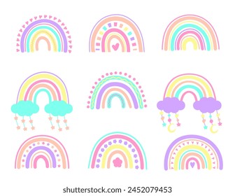 Large set of Scandinavian rainbows with ornaments. Hand-drawn children's boho decorations. For design, posters, stickers, card, wallpaper, wrapping, sketchbook. Vector cartoon illustration