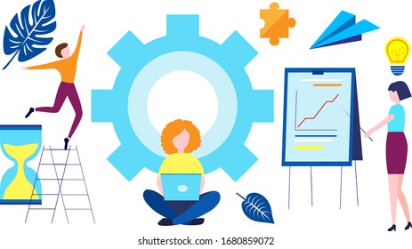 A large set of scenes with effective and efficient time management and multitasking at work. People who successfully organize their tasks and appointments. Flat Flat vector illustration.