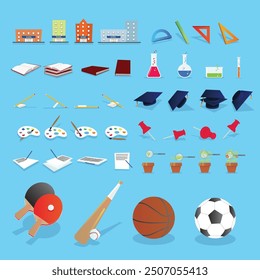 A large set with school icons on blue color