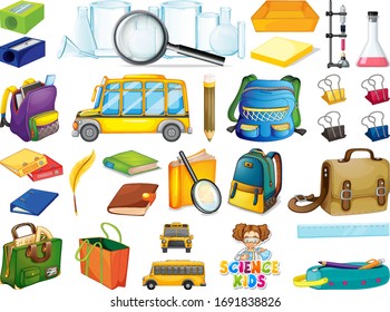 Large set of school items on white background illustration