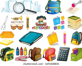 Large set of school items on white background illustration