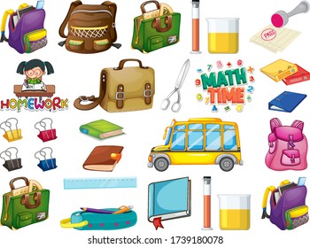 Large set of school items on white background illustration