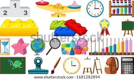 Large set of school items on white background illustration