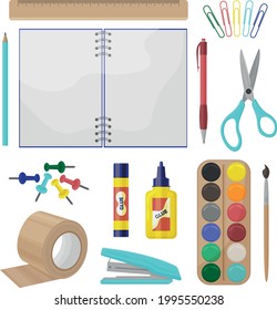 a large set of school stationery, such as a ruler, pen, pencil, notebook, scissors, paper clips, as well as tape, glue, paint, stapler,pins and brush. Office supplies. Vector illustration.