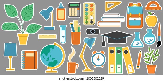 Large set of school stickers. Flat style. Vector illustration.