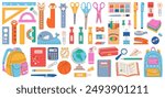 Large set of school supplies. Cute school stationery collection. Various accessories for study, student equipment. Backpack, book, notebooks, notepad, pen, pencils, marker, globe. Vector hand draw