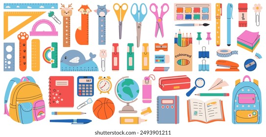 Large set of school supplies. Cute school stationery collection. Various accessories for study, student equipment. Backpack, book, notebooks, notepad, pen, pencils, marker, globe. Vector hand draw