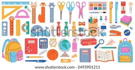 Large set of school supplies. Cute school stationery collection. Various accessories for study, student equipment. Backpack, book, notebooks, notepad, pen, pencils, marker, globe. Vector hand draw